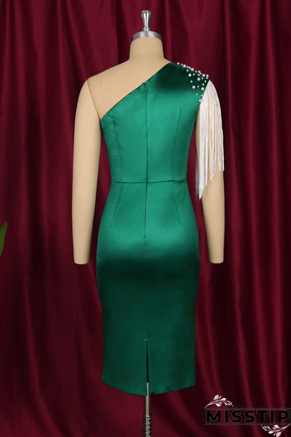 Green Fashion Patchwork Tassel Slit Beading Evening Dress