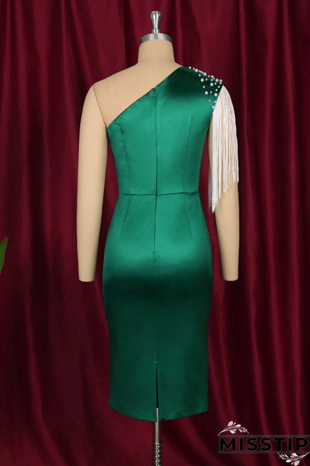 Green Fashion Patchwork Tassel Slit Beading Evening Dress