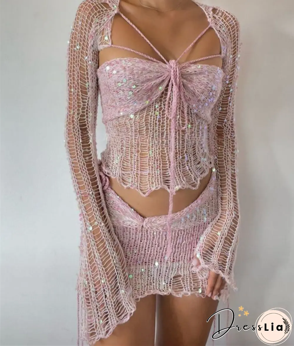 Sexy Sequin Knitted Sweater Three Piece Skirt Sets