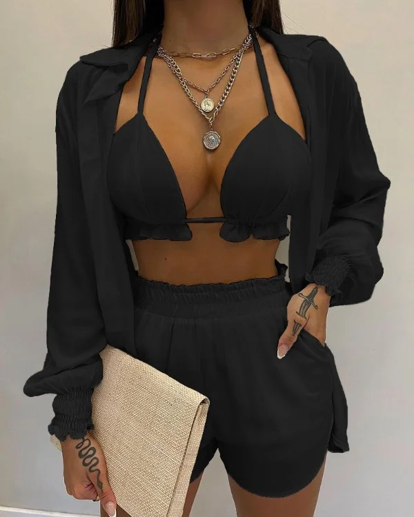 Uveng Uveng New Explosion Women's Long-Sleeved Commuting Three-Piece Shorts Set