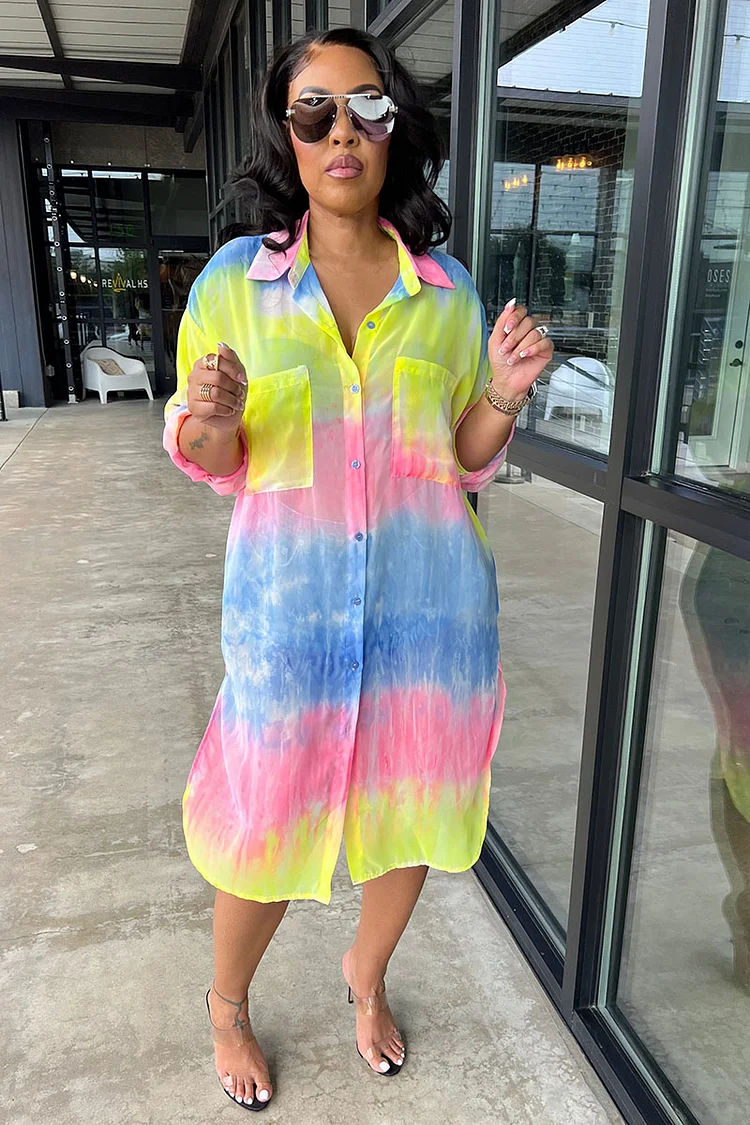 Colorblock Fading Color Pocket Button Up Loose Fit Blouse Midi Dress [Pre Order]