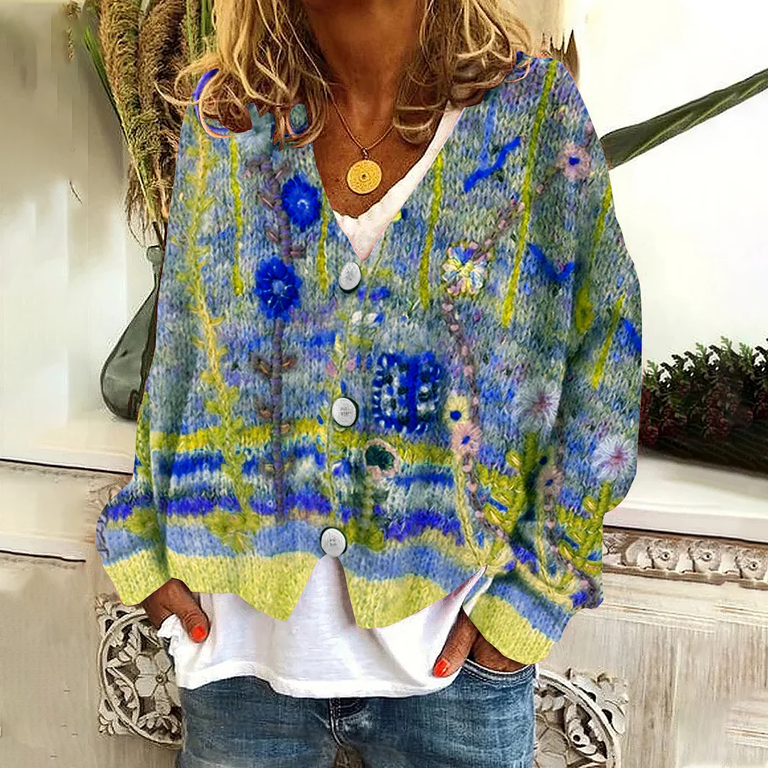 Vintage Floral Print V-Neck Long Sleeved Knitted Cardigan