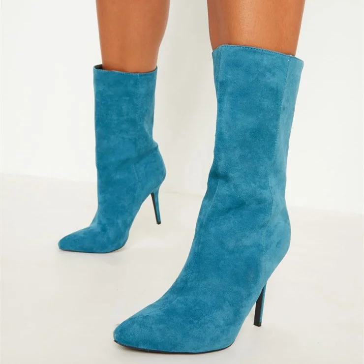 Sky Blue Pointy Toe Stiletto Heel Ankle Boots |FSJ Shoes