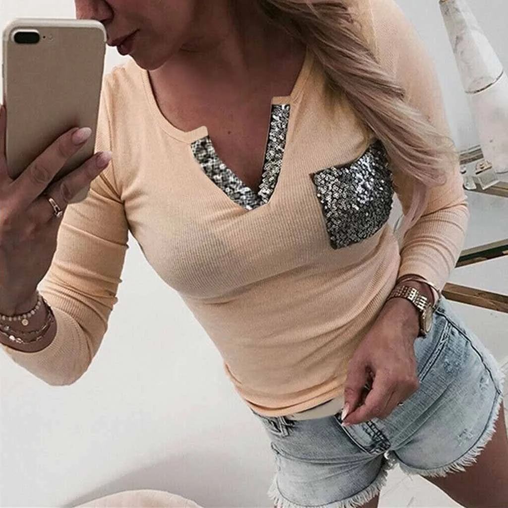 Fashion Sequins Knitted Bottom Blouse Casual Autumn Winter Lady Sexy V-Neck Tops Female Women Long Sleeve Shirt Blusas Pullover