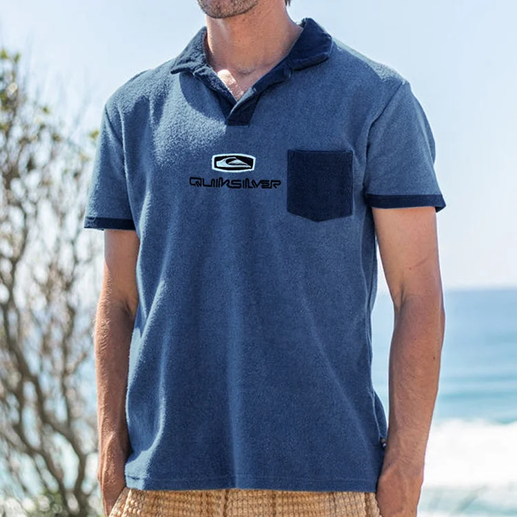 Retro Loose Men's Quicksilver Surf Polo Shirt Holiday Casual Comfortable Beach Contrast Color Polo Collar T-Shirt Top 790d