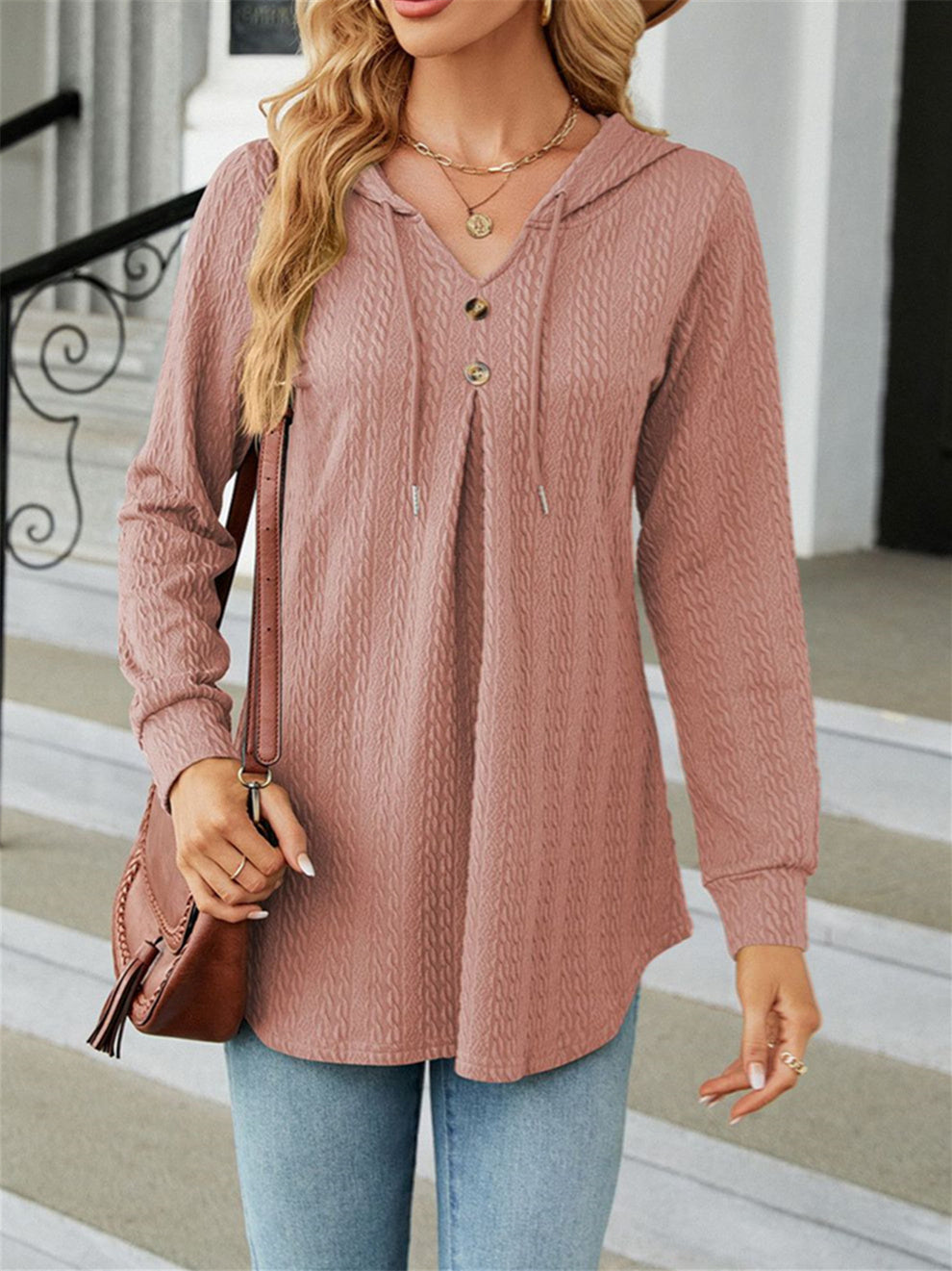 Women's Hollow Button Solid Color V-Neck Long Sleeve Top