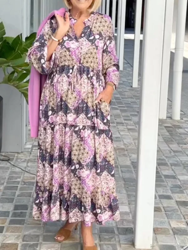 Floral Printed Long Sleeves Loose V-Neck Maxi Dresses