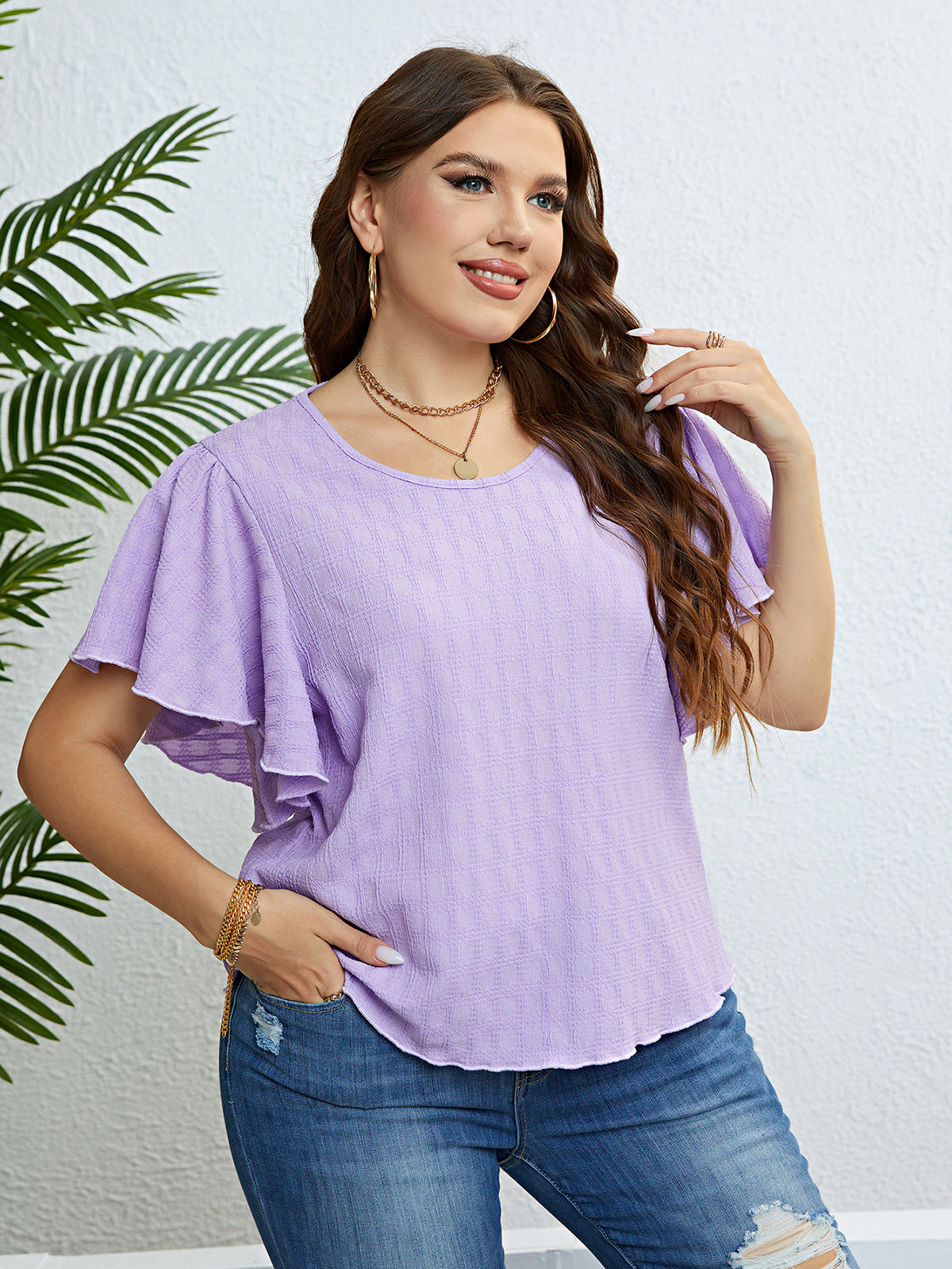 Plus Size Summer Purple Crew Neck Ruffle Sleeve Women Top