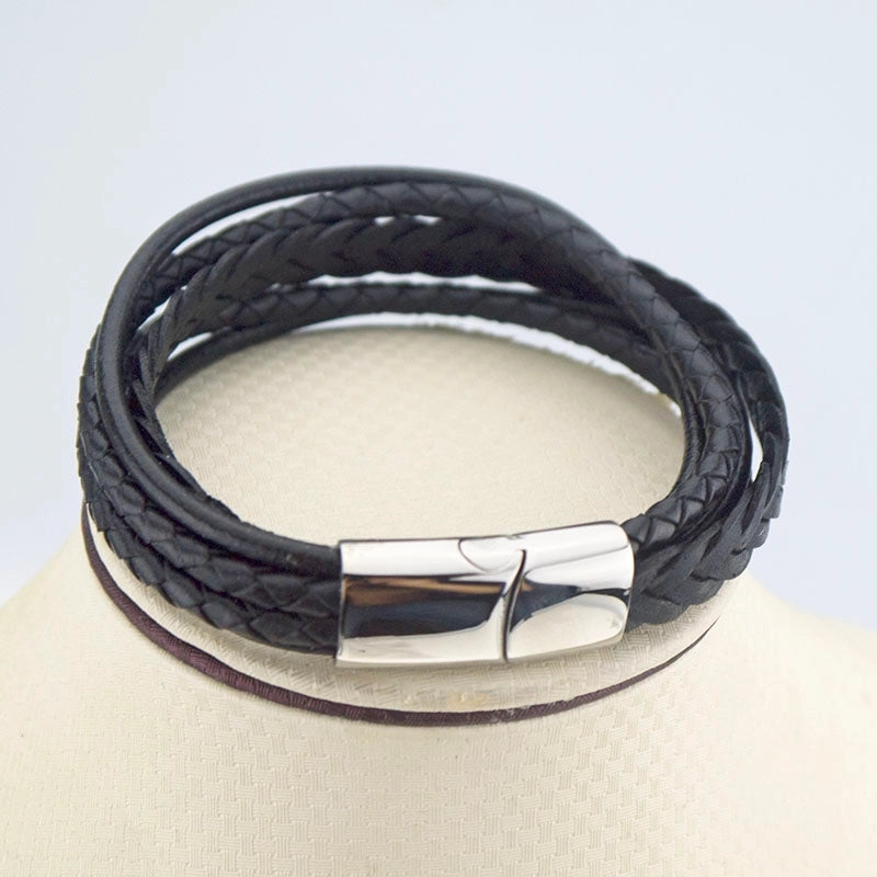 Casual Retro Solid Color 304 Stainless Steel Pu Leather Braid Handmade Men’s Wristband