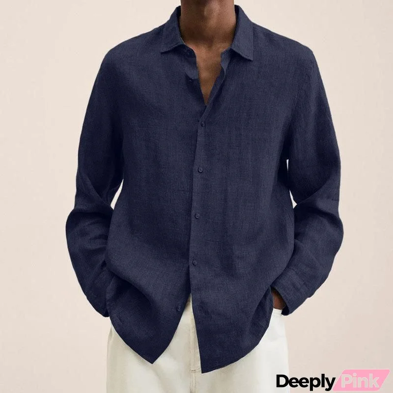 Men's Fashion Solid Color Loose Long Sleeve Cotton Linen Shirt