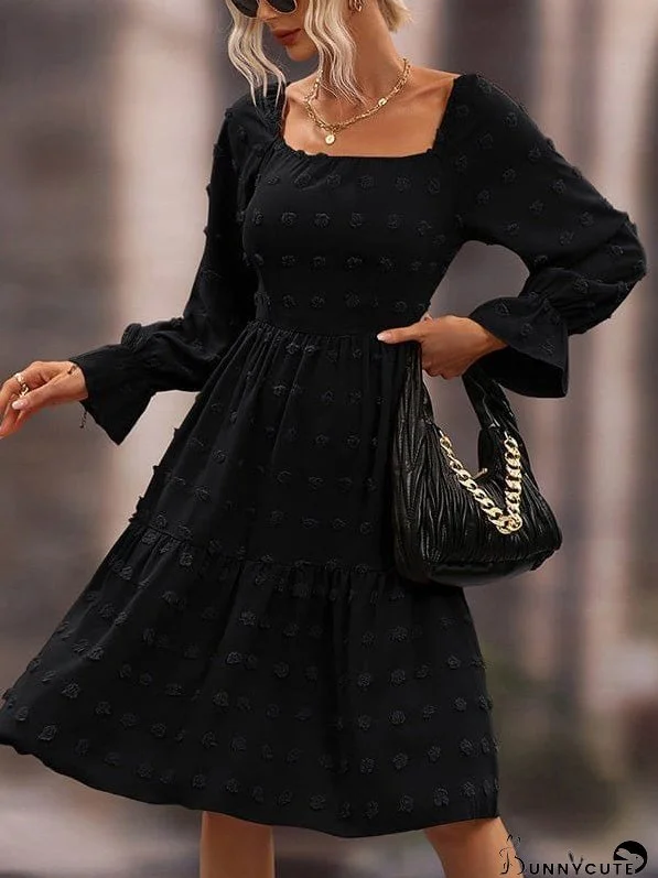 Jacquard Square Neck Long Sleeve Chiffon Dress