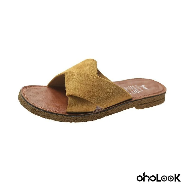 Summer Outerwear Flat Bottomed Cross Over Women's Slippers with One Line Suede Surface