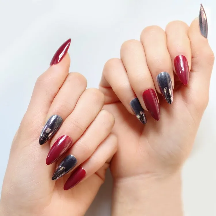 Fake Nails with Glue Metal Color False Nail Art Tips Press on Coffin Stick Designs Clear Set Full Cover Artificial Short Kiss-Nail Inspo