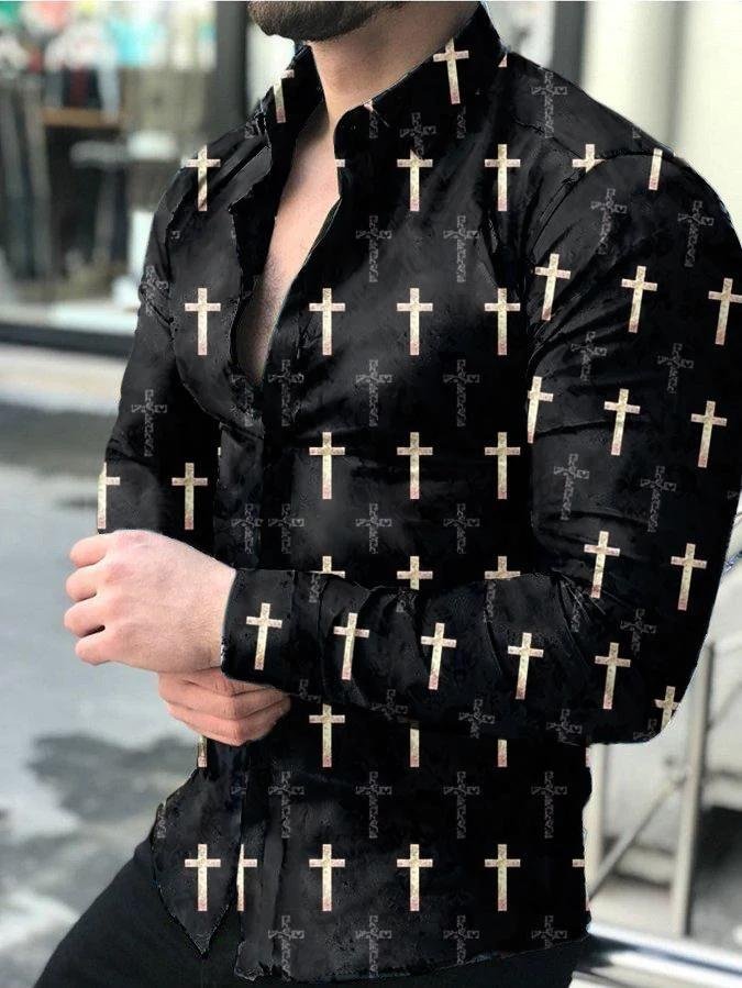 Cross print long sleeve lapel shirt
