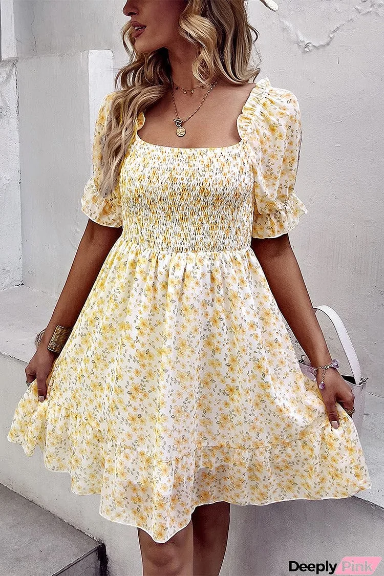 Floral Smocked Square Neck Flounce Sleeve Dress