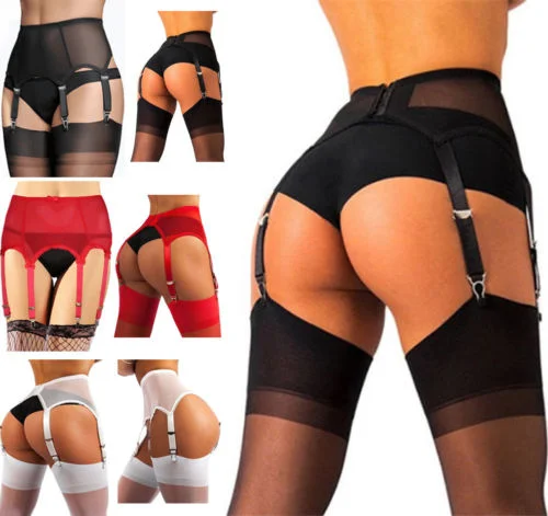 Sexy Women Mesh Garter Belt Stockings 6 Metal Buckles Straps Suspender