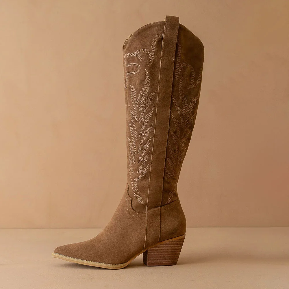 Tan High Heel Embroidered Vegan Suede Cowgirl Boots with Pointed Toe