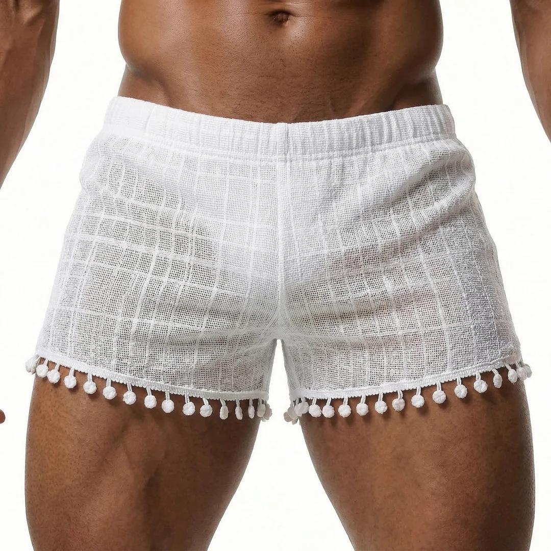 Men's Basic Casual Shorts, Tassel Patchwork Linen Shorts-INSPIREUSE