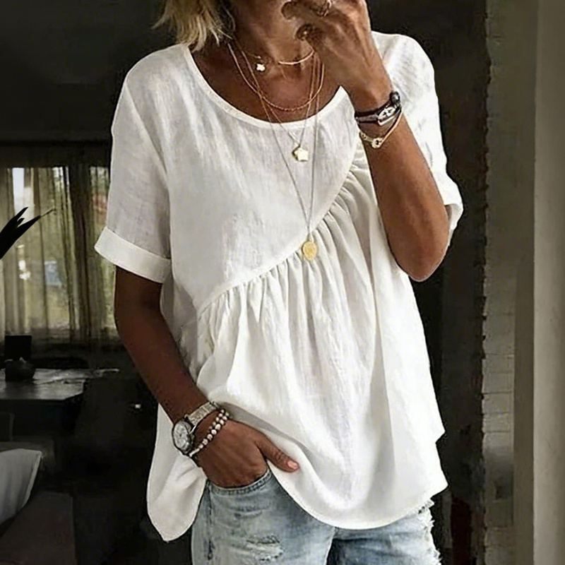 Women's Vintage Irregular Pleated Design Short Sleeves Round Neck Linen T-shirt wearshes