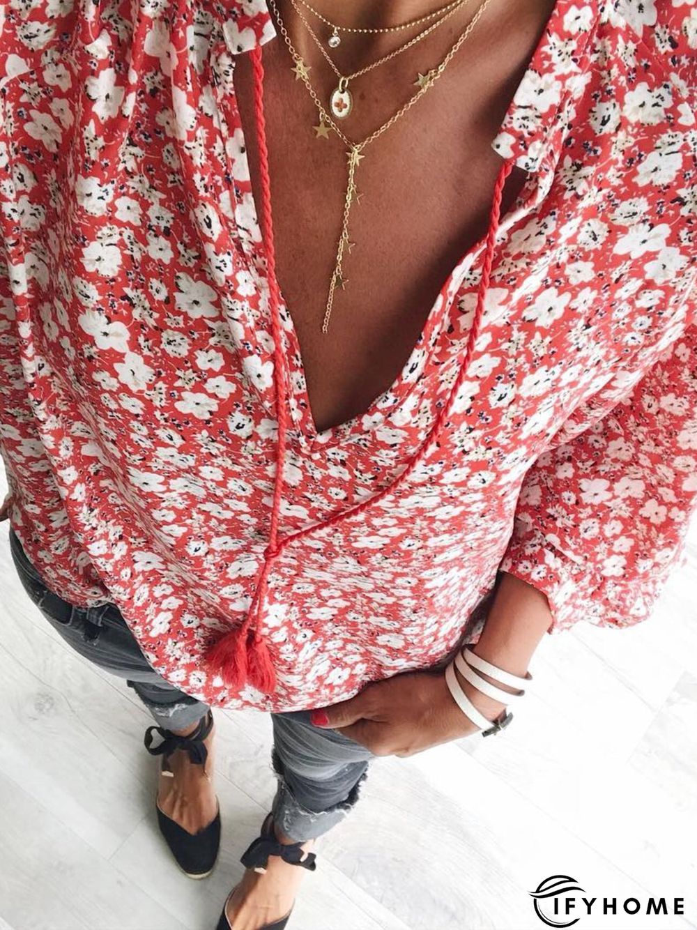 Boho Floral-Print V Neck Floral Shirts & Tops | IFYHOME