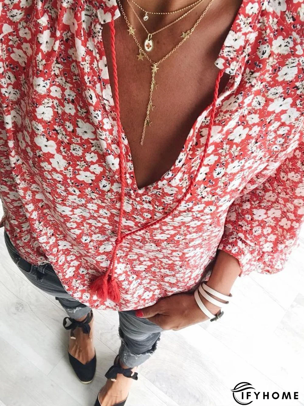 Boho Floral-Print V Neck Floral Shirts & Tops | IFYHOME