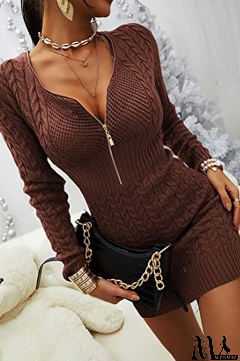 MidiSono - Zipper V Neck Bodycon Sweater Dress