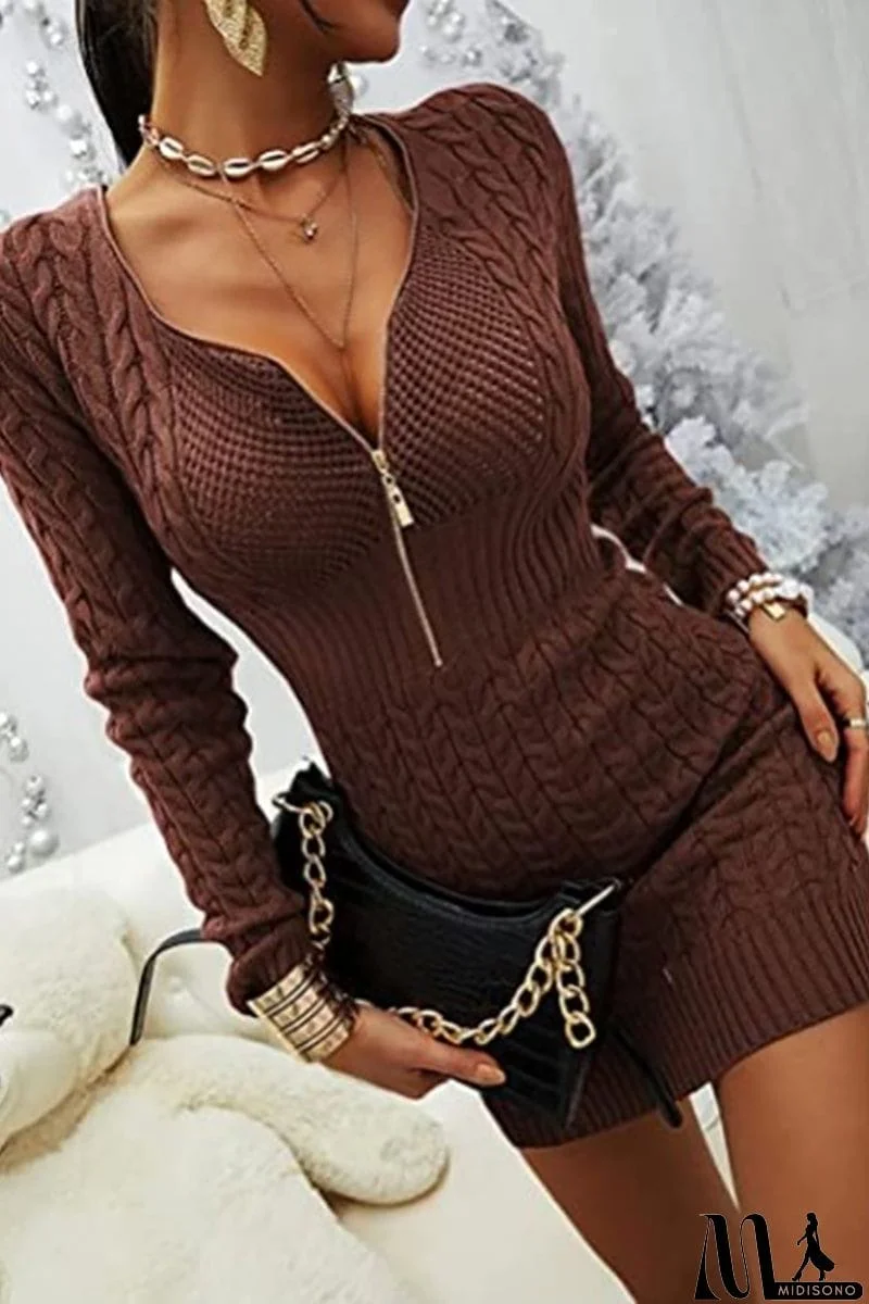 MidiSono - Zipper V Neck Bodycon Sweater Dress