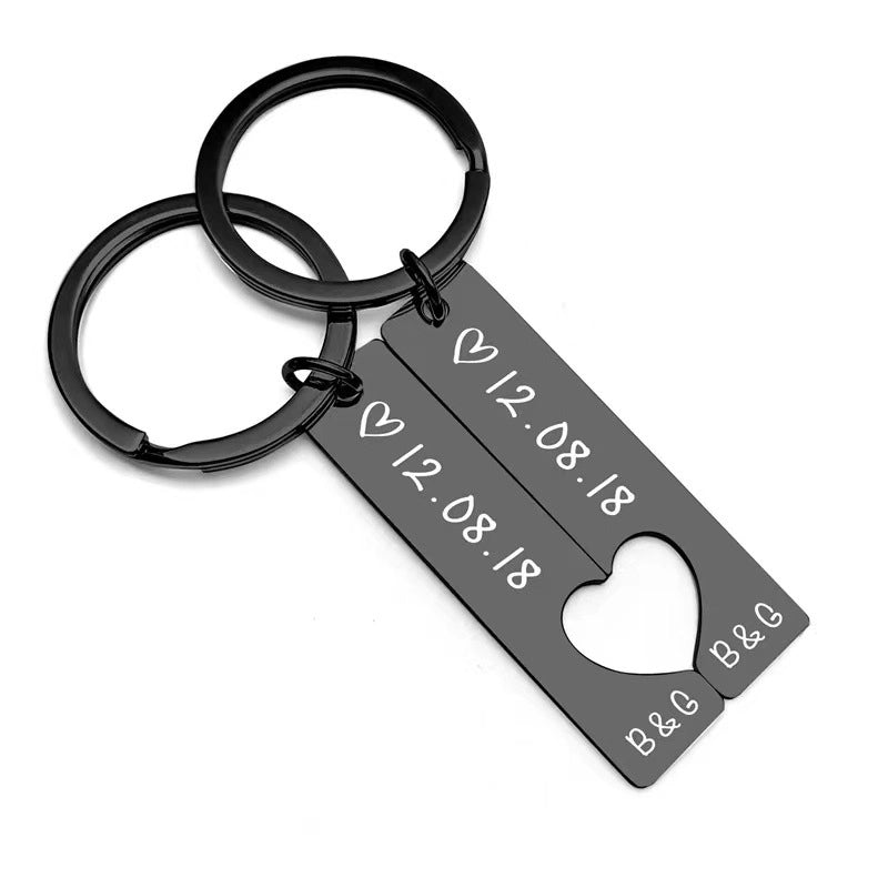 Hot Selling Stainless Steel Strip Heart-Matching Personality Simple Couple Keychain Engraved Date Factory In Stock