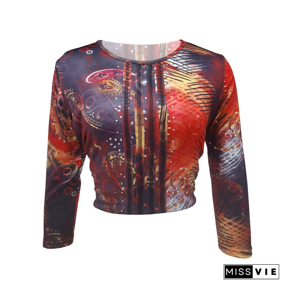 Y2K Autumn Womens Vintage Slim Round-neck Stitch Cropped Tops Ladies Retro Printed Long