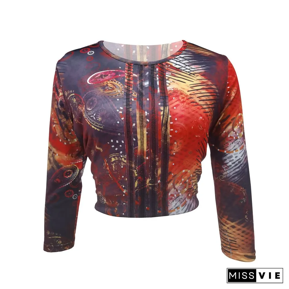Y2K Autumn Womens Vintage Slim Round-neck Stitch Cropped Tops Ladies Retro Printed Long