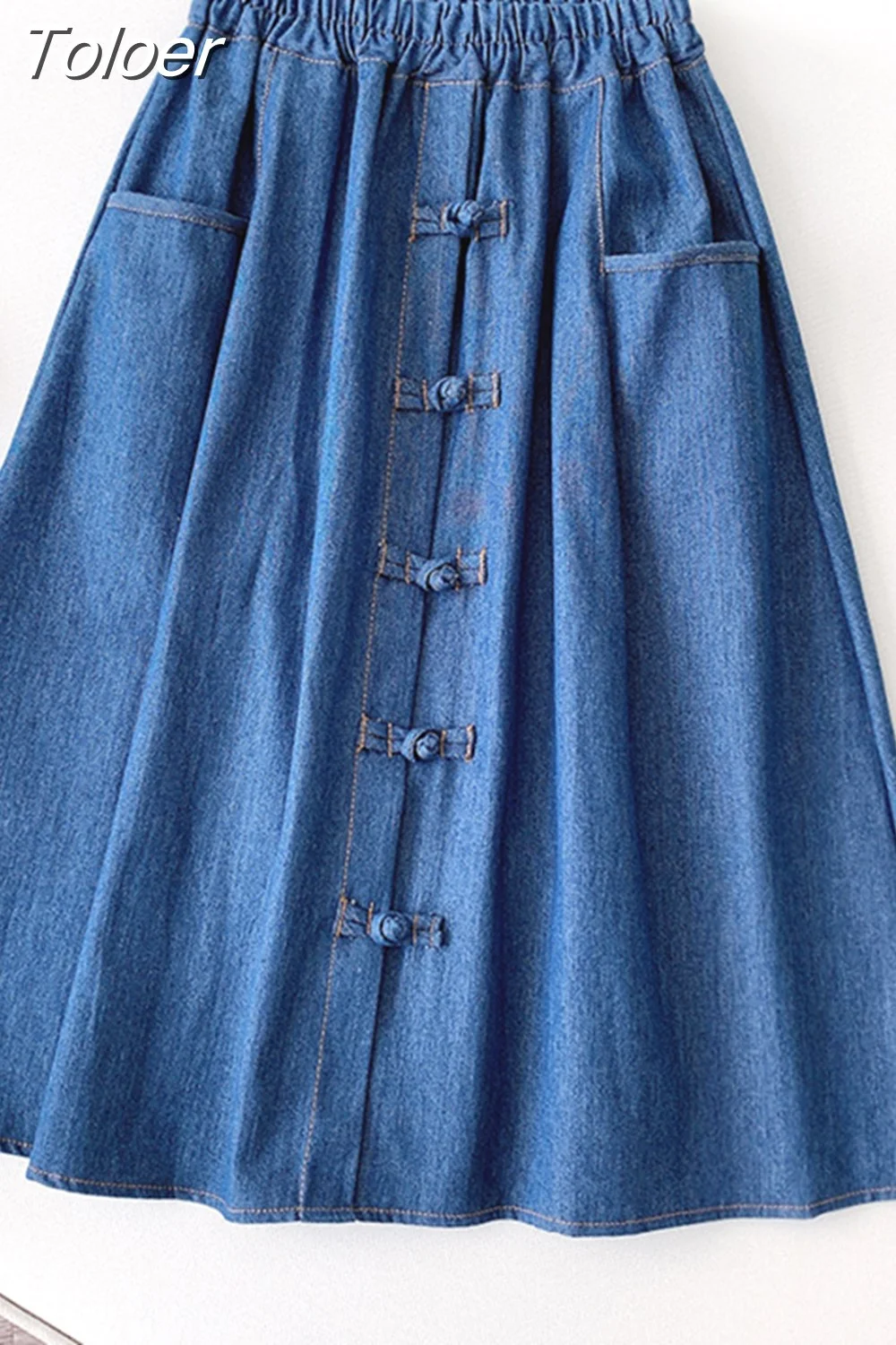 Toloer Toloer Vintage Denim Midi Skirt Women 2023 Spring Summer A Line HIgh Waist Knee Length Jeans Skirt Female with Pocket School 1127-1-Outfit Ideas