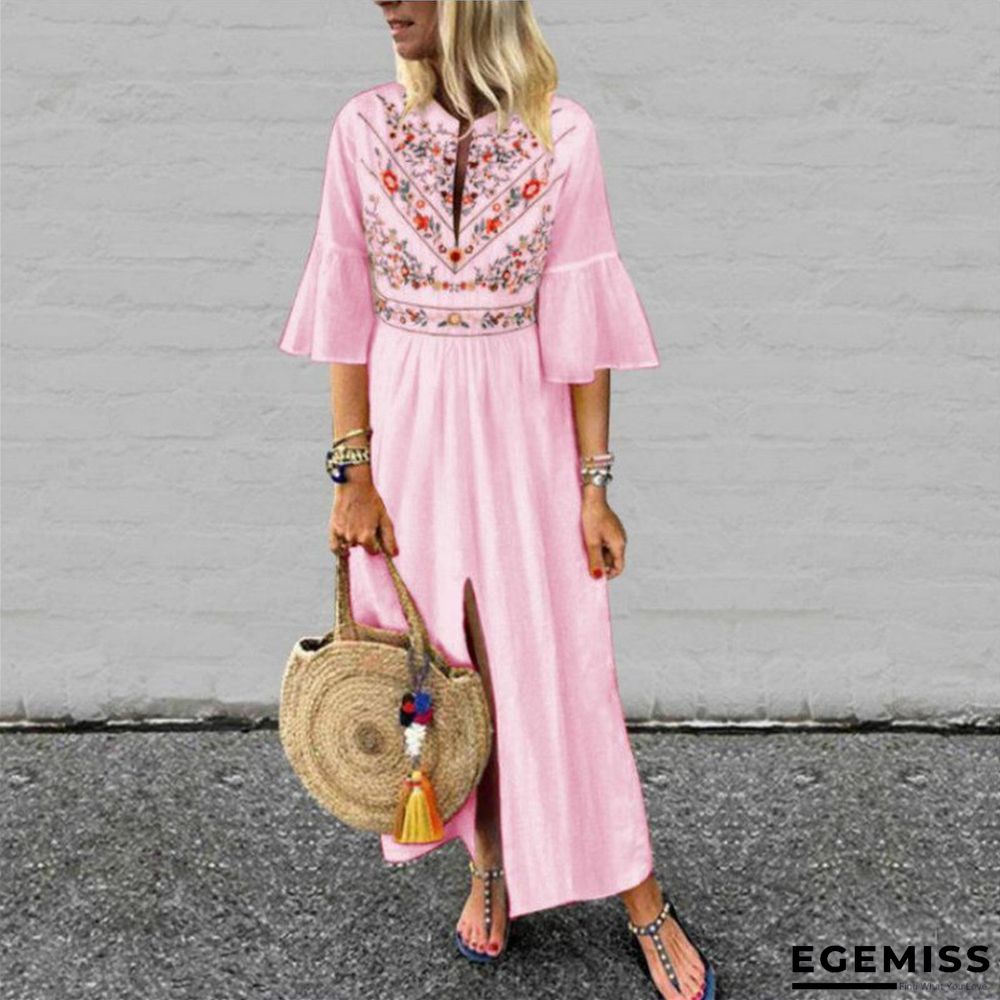 Ethnic Loose Sleeve Print Stitching A-shaped Dress White Dresses | EGEMISS