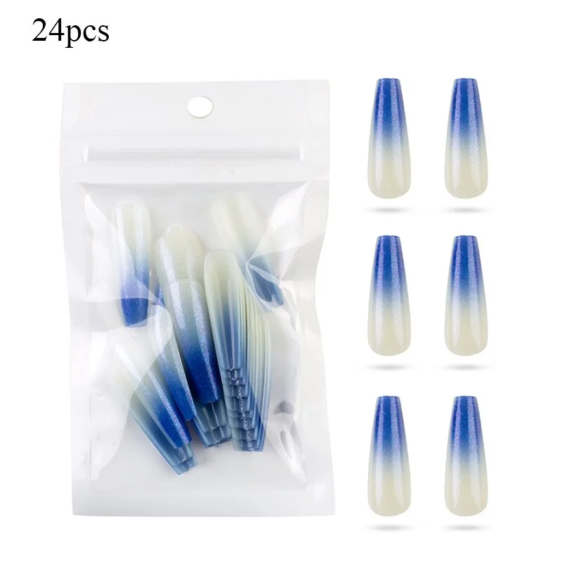 24PCS/box Gradient Color Flase Nail Glitter Ballet Med-Length Fake Nails Press On Nails Full Cover Wearable Acrylic Nail Tips