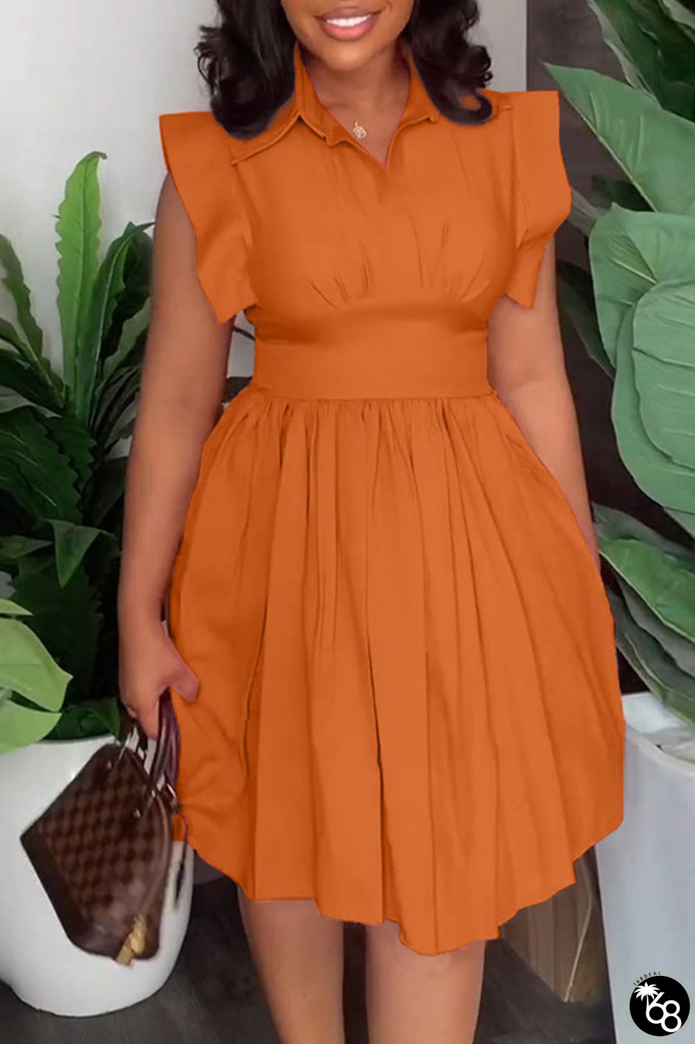 Orange Casual Sweet Solid Patchwork Fold Turndown Collar A Line Dresses | 168DEAL
