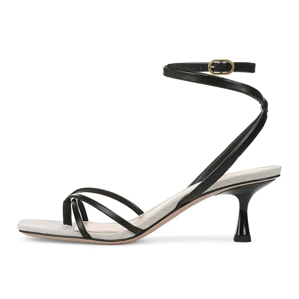 YDN Black Open Square Toe Flip-Flop Style Strap Heels Sandals