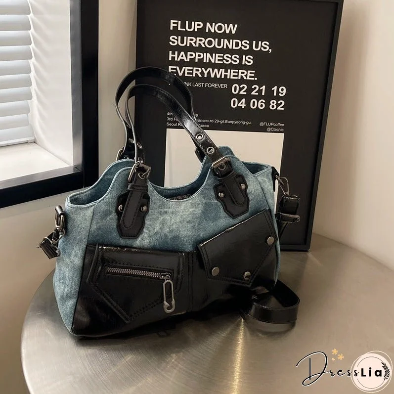 Cross-Border Retro HOT and NEW Large Capacity Shoulder Bag New Crossbody Bag Stitching Women's Bag Simple Soft Leather Tote