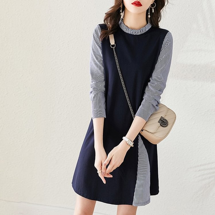 Navyblue Stripes Long Sleeve Paneled Dresses