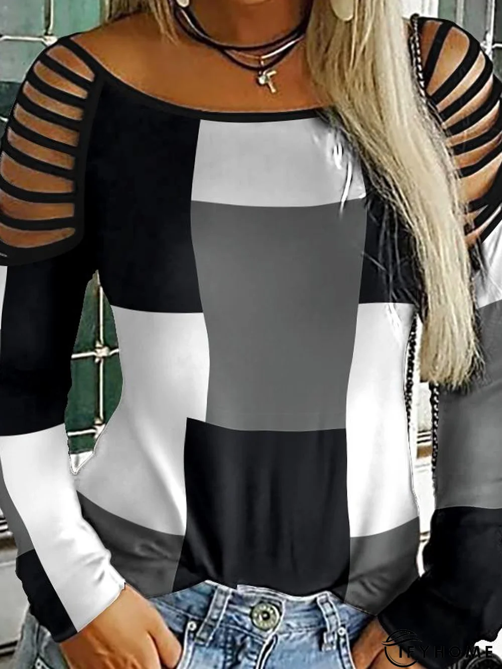 Hollow Out Casual Jersey Color Block T-Shirt | IFYHOME