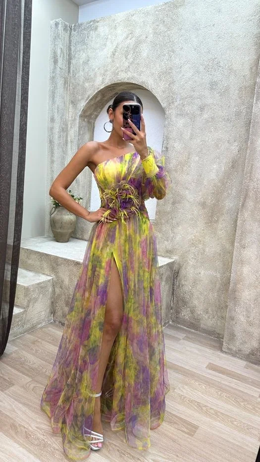 Women's Fashion DressesYELLOW SINGLE SLEEVE WAIST ROSE DETAIL FEATHERED TULLE EVENING DRESS