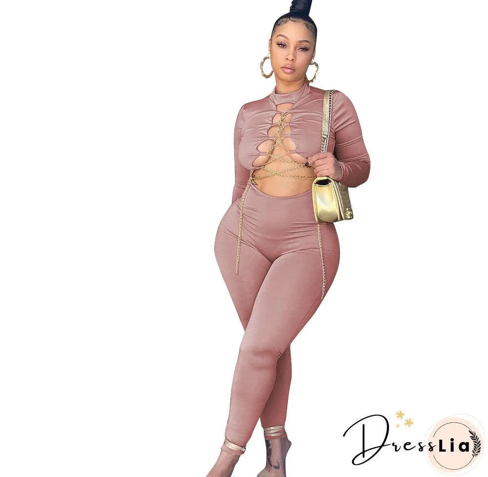 Hollow Out Cross Chain Lace Up Long Sleeve Jumpsuit