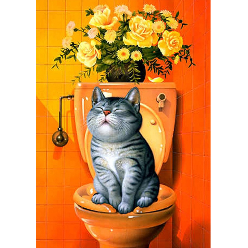 

30*40CM - The Cat on the Toilet - Round Drill Diamond Painting, 501 Original