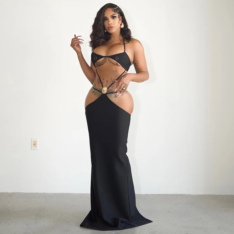 Nulclover Sexy Backless Cross Strap Hollowed Out Dress 2025 Spring And Summer New Temperament Hottie Girl Nightclub Long Dresses