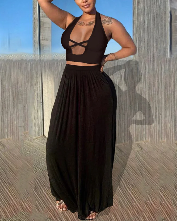Solid Criss Cross Backless Halter Crop Top & Skirt Set
