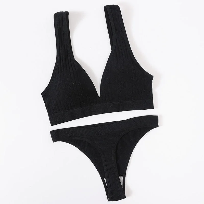 Women's Underwear Sports Bra Panties Set Female Wirefree Brassiere Seamless Top Sexy Set High Waist Brief V Neck Lingerie Set