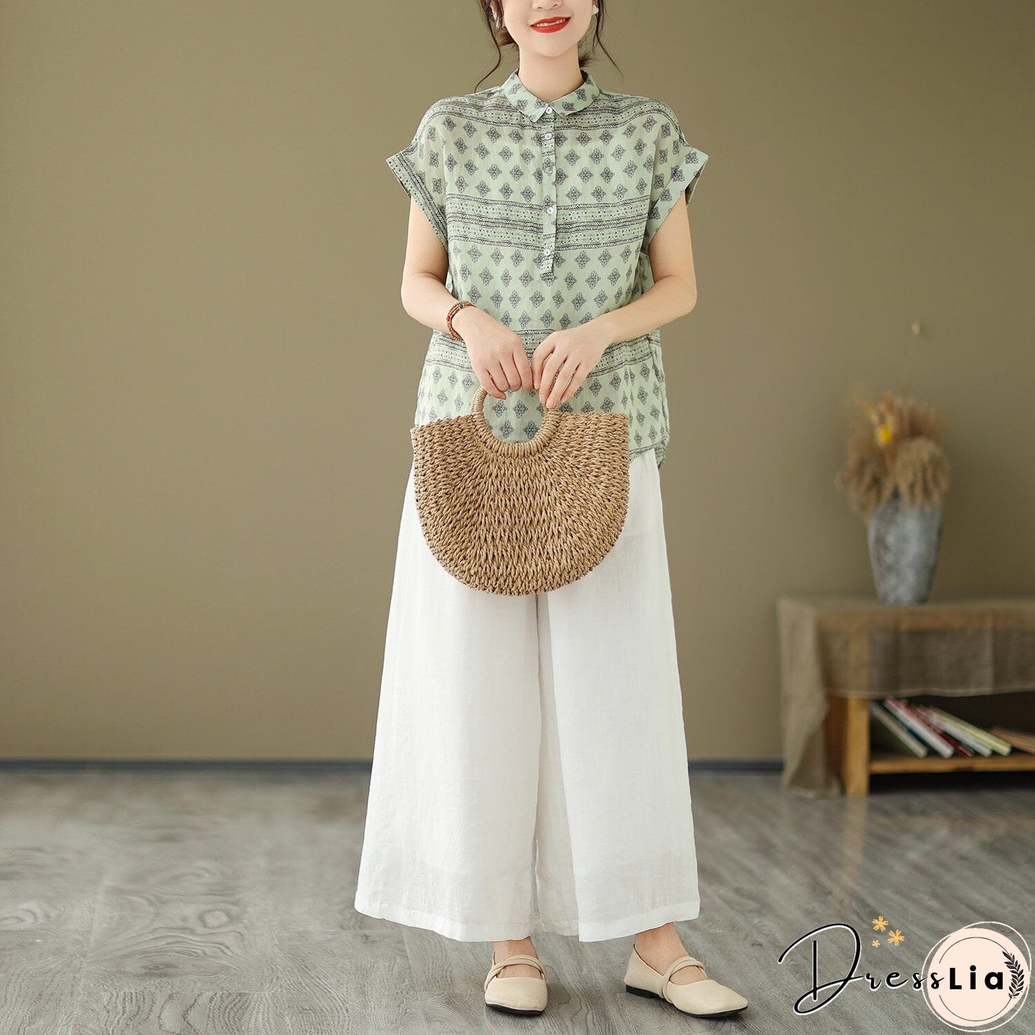 Women Summer Retro Print Linen Minimalist Tops