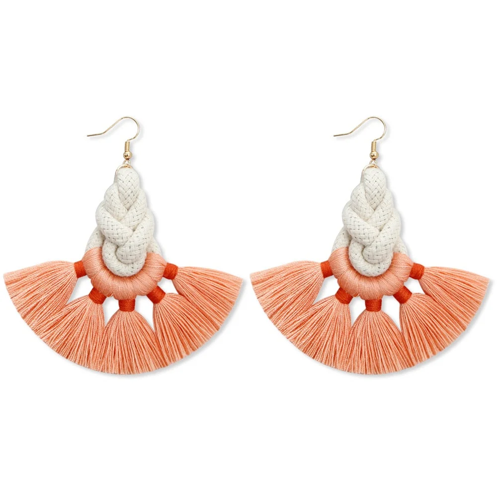 Dvacaman Ethnic Handmade Weave Macrame Earrings Cotton Thread Feather Fringe Tassel Earrings Wedding Jewelry Women Accessories