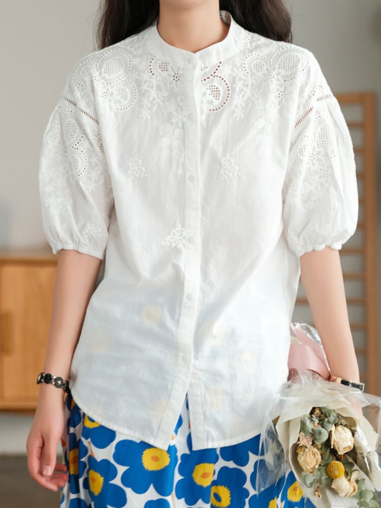 Solid Color Button Embroidery Half Sleeve Stand Collar Blouse P1858161