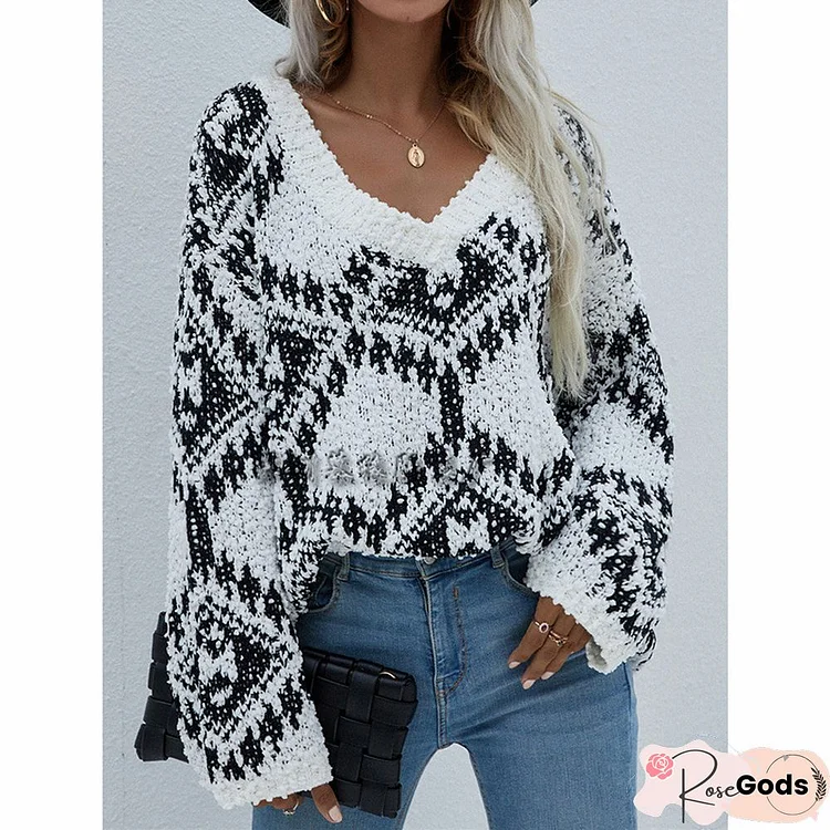 Large Size White Long Sleeve Cotton-Blend V Neck Sweater