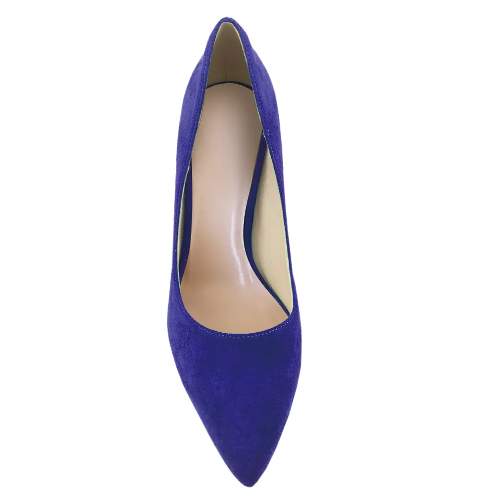 90mm Middle Heels Pointy Toe Pumps Blue Suede-vocosishoes