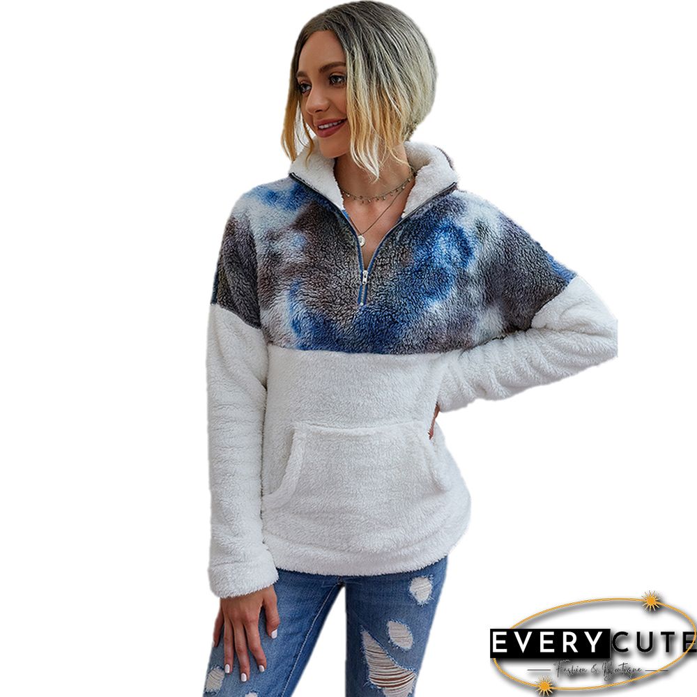 Navy Blue Zip Colorblock Kangaroo Pocket Sweatshirt